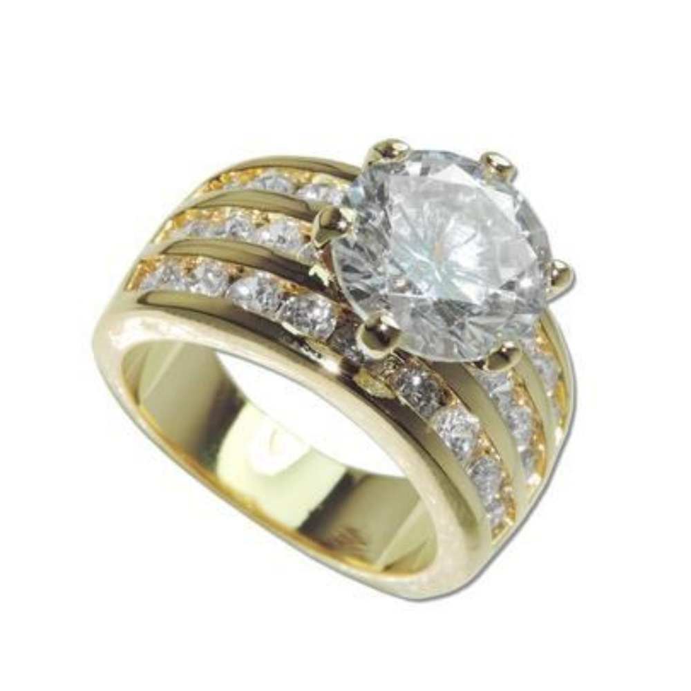 Gold 3.5ct Round Center CZ Diamond Ring